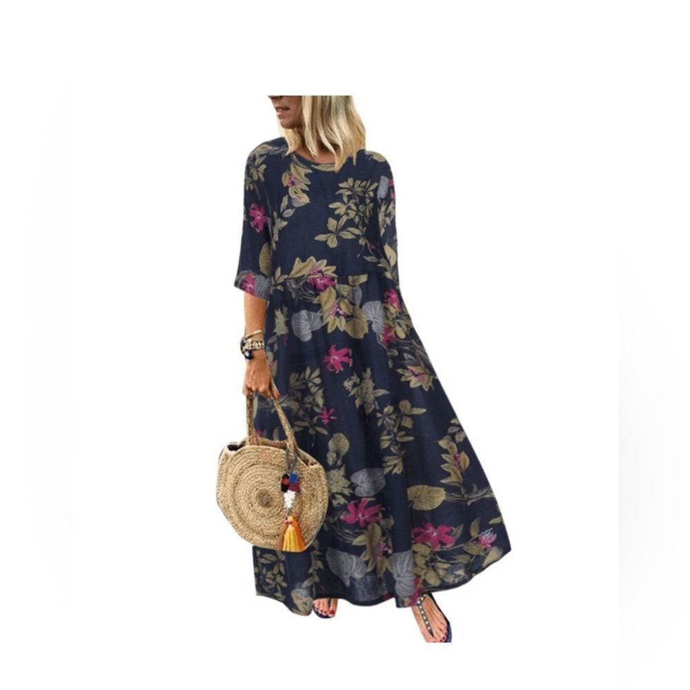 Zanzea Collection Tropical Multicolor Elegant Floral Navy Maxi Dress Size L